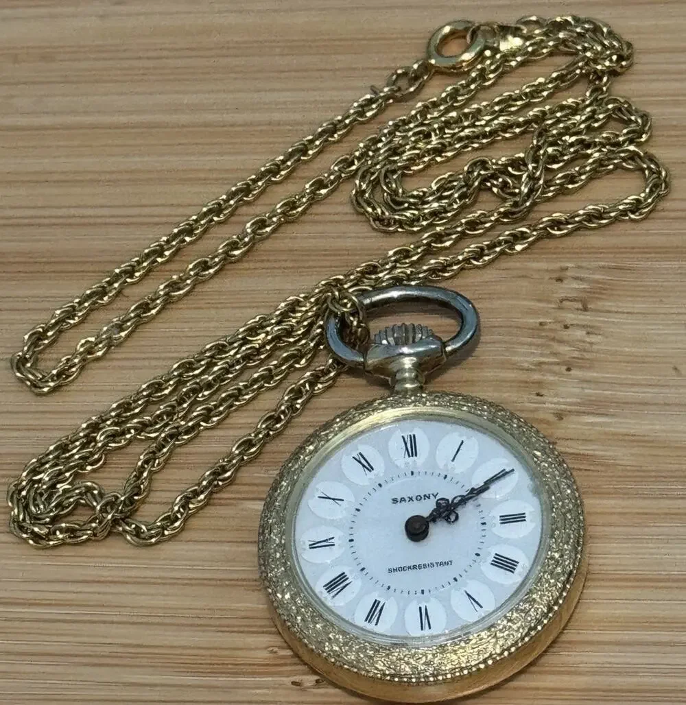 Vintage Saxony Swiss Manual Wind Pendant Necklace Watch Roman Numerals Gold Tone